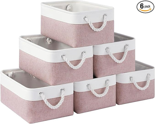 Storage Baskets for Shelves 13.8x9.8x6.7 Inch, Foldable Fabric Storage Bins with Handles, Small Storage Baskets for Organizing Closet, Office, Home Organization (6-Pack, White&Pink)