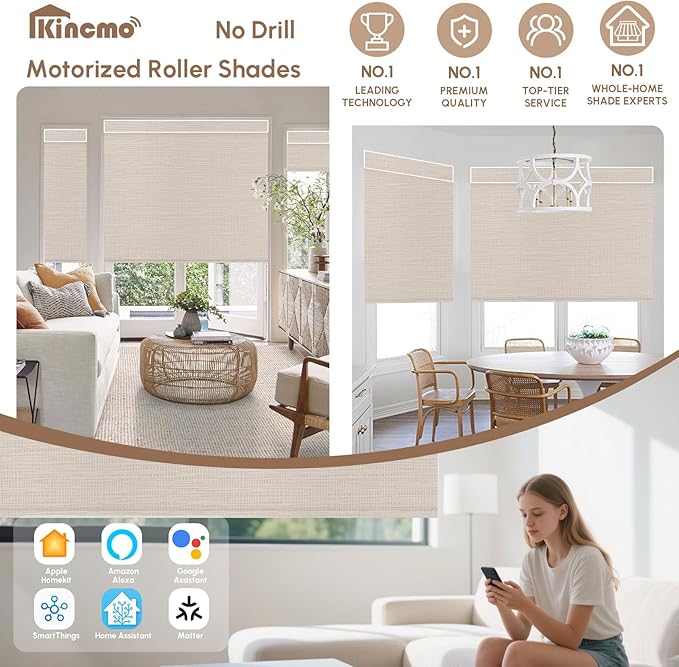 Kincmo No Drill Motorized Blinds with Remote, 100% Blackout Roller Shades for Windows, Custom Electric Blinds Compatible with Alexa, Apple Homekit, Google Home (100% Blackout Weave Beige)