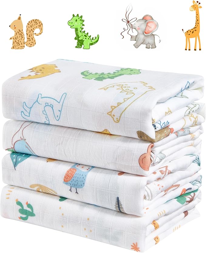 4-Pack 100% Cotton Muslin Swaddle Blankets, Large 47 x 47 Inches — Breathable Soft Receiving Blankets for Newborns, Swaddling Wraps, Baby Essentials, Registry Gift (Wild Jungle Friends)