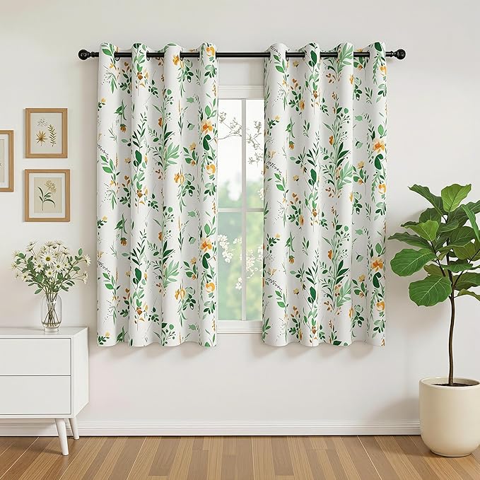 MYSKY HOME Floral Blackout Curtains 63 inch Long 2 Panels Set for Bedroom - Flower Patterned Room Darkening Light Blocking Grommet Window Treatments, 52" W Each Panel, Yellow and Green