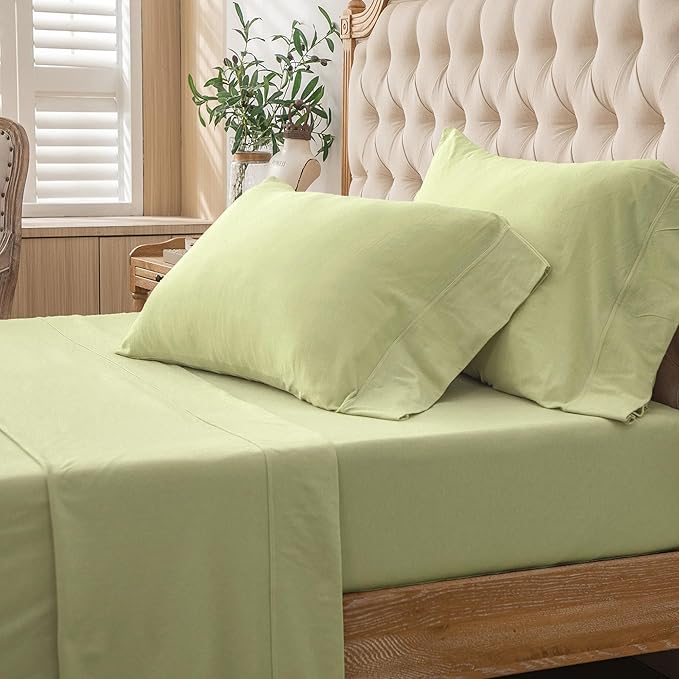 PURE ERA Jersey Knit 4pc Bed Sheet Set 100% T-Shirt Cotton Super Soft Comfy Breathable Fits Mattress Up to 20" Extra Deep Pocket (Solid Mocha Green, King)