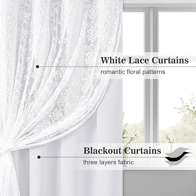 Yinhua Blackout Curtains for Bedroom Double Layer Grey Curtains for Living Room 84 Inch Length 2 Panels Set Kid Curtain with Floral Sheer Overlay, Grommet Drapes with Tiebacks, 52" W x 63" L