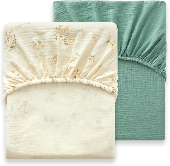 Heavyweight Muslin Baby Crib Sheets - 2PCS 52"x28" Neutral Fitted Crib Sheets for Boys Girls, Breathable Soft 100% Organic Cotton Standard Baby Mattress Sheet (Sage Green, Leaf)