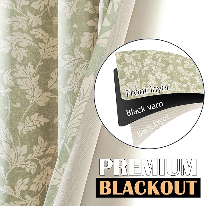 jinchan 75% Blackout Curtains for Bedroom, Green Scroll Leaf Patterned Curtains 96 inch Length for Living Room, Farmhouse Vintage Drapes, Thermal Insulated Window Treatments, Grommet 2 Panels Green