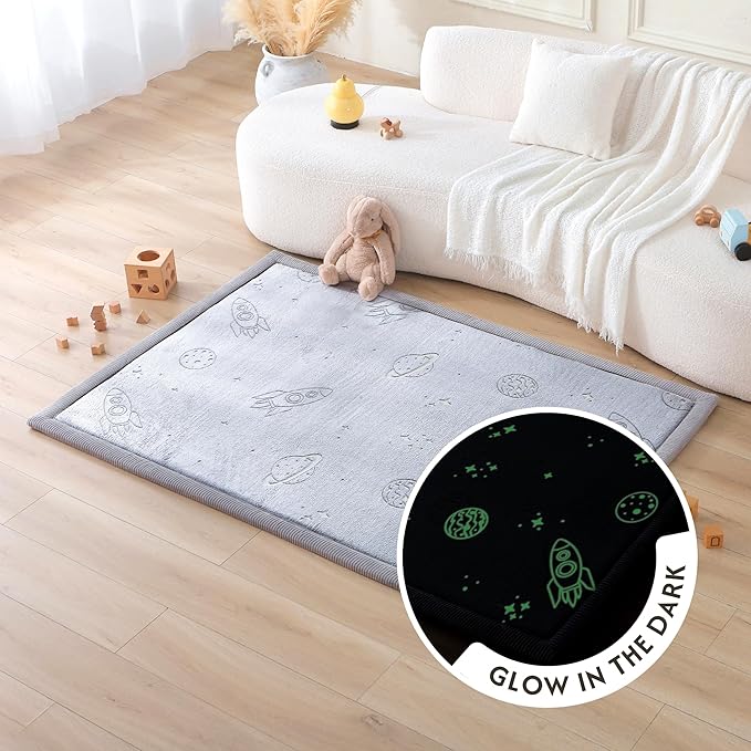 Hakuna Matte GlowCloud Baby Play Mat for Floor 47”x 67” Planets – Coral Velvet Memory Foam Rug for Crawling & Cozy Play – Non-Slip, Water-Resistant, Easy-Care Tummy Time Mat, Playmat for Playpen