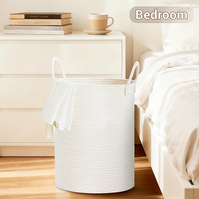 Tall Laundry Basket with Handles, 58L Portable Dirty Clothes Hamper, Boho Cotton Rope Storage Bin for Blankets Kids Toys Gifts, Decorative Organizer for Baby Nursery Bedroom Bathroom, White