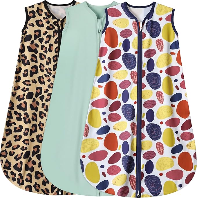 BSTOPPT 3 Pack Baby Sleep Sack 100% Rayon Cotton Baby Sleeping Bag 2-Way Zipper Toddler Wearable Blankets TOG 0.3. (Leopard&Cobble&Green, 6-12 Months)
