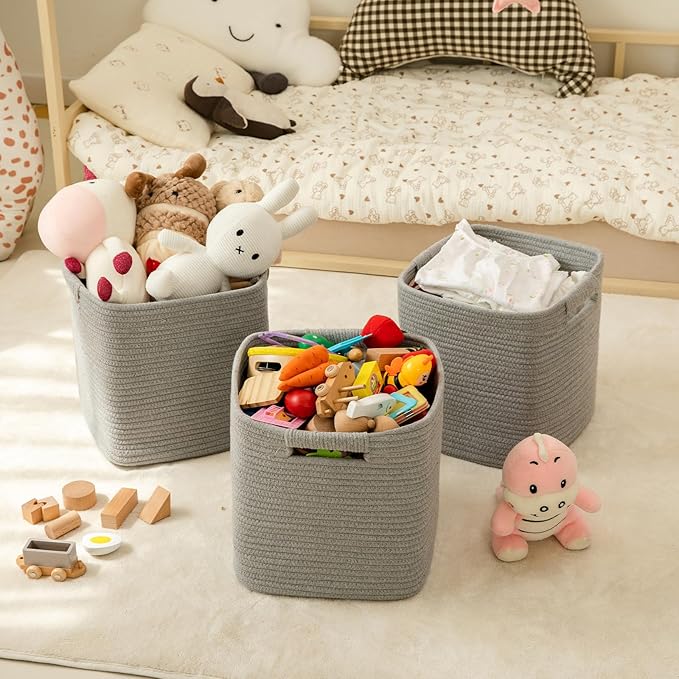 OIAHOMY Storage Cubes 11 Inch Bins-3-Pack, Cotton Rope Woven Baskets for Organizing, Square Storage Baskets for Shelves, Classroom, Kids Toy Bins, Closet, Baby Nursery-Grey