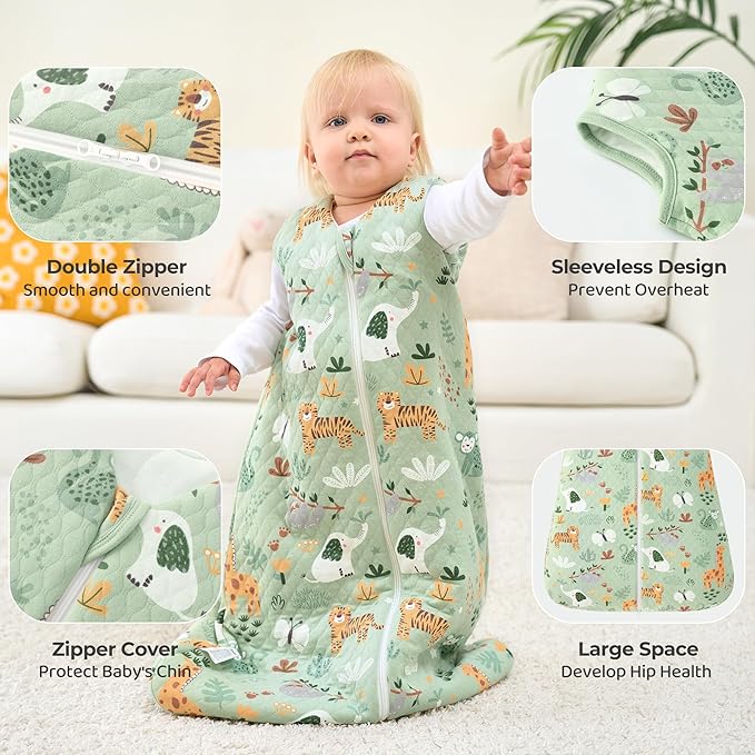 FIEMOL Baby Sleep Sack 0-6 Months 2.5 TOG, Winter Cotton Sleepsack Newborn and Infant, Warm Quilted Baby Wearable Blanket, Baby Sleeping Bag with 2-Way Zipper Green Animal