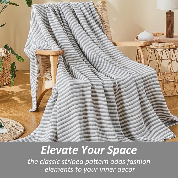 EMME Cotton Muslin Twin Blanket Breathable Gauze Soft Lightweight Adults Gifts for Women (Striped Grey, 60"x80")