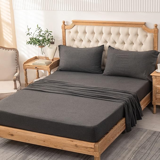 PURE ERA Jersey Knit 4pc Bed Sheet Set 100% T-Shirt Heather Cotton Super Soft Comfy Breathable Fits Mattress Up to 20" Extra Deep Pocket (Charcoal Dark Grey, King)