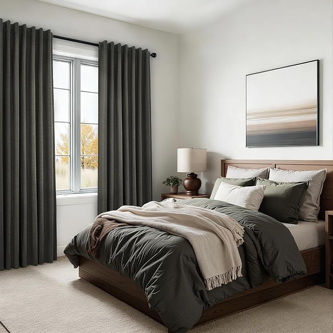 Topfinel 108 Inch Curtains 2 Panels Set Charcoal Grey Curtains 108 Inches Long for Livingroom Back Tab Hooks Pleated Blackout Tweed Linen Look Blacked Out Curtain for Bedroom,Dark Gray