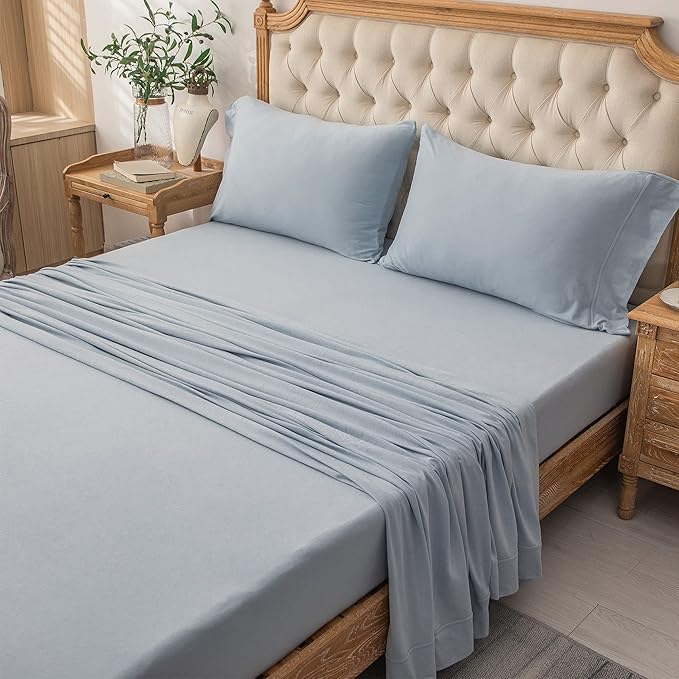 PURE ERA Jersey Knit 4pc Bed Sheet Set 100% T-Shirt Cotton Super Soft Comfy Breathable Fits Mattress Up to 20" Extra Deep Pocket (Solid Light Blue, Queen)