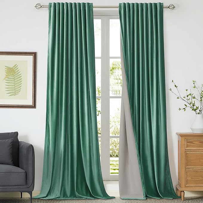 PRIMROSE 100% Full Blackout Velvet Curtains 84 inch Long for Living Room,Set of 2 Liner Turquoise Aqua Rod Pocket Back Tab Window Treatment Room Darkening Heavy Decorative Curtains Drapes for Bedroom