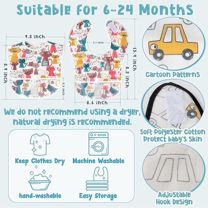 2ooya 6 Pcs Baby Feeding Bibs Toddler Waterproof Bib Set with Crumb Catcher Pocket Infant Adjustable Baby Teething Bib Babies Food Bibs Keepsake Gift for Baby Shower Christmas New Year, 6-12 Months