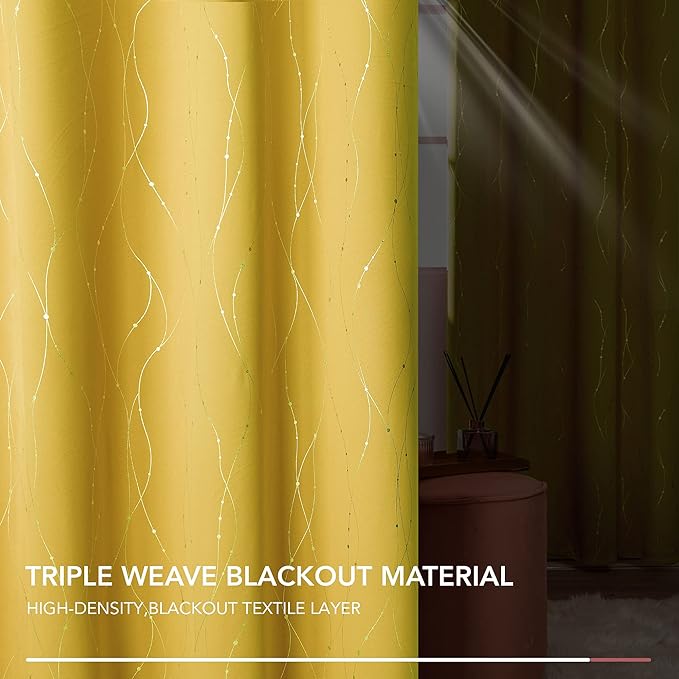 Deconovo Yellow Curtains, Blackout Drapes, Thermal Insulated Soundoroof Pravicy Curtain with Wave Dots Foil, 42 x 72 Inch, Machine Washable Panels for Small Windows Office Nursery Living Room Bedroom