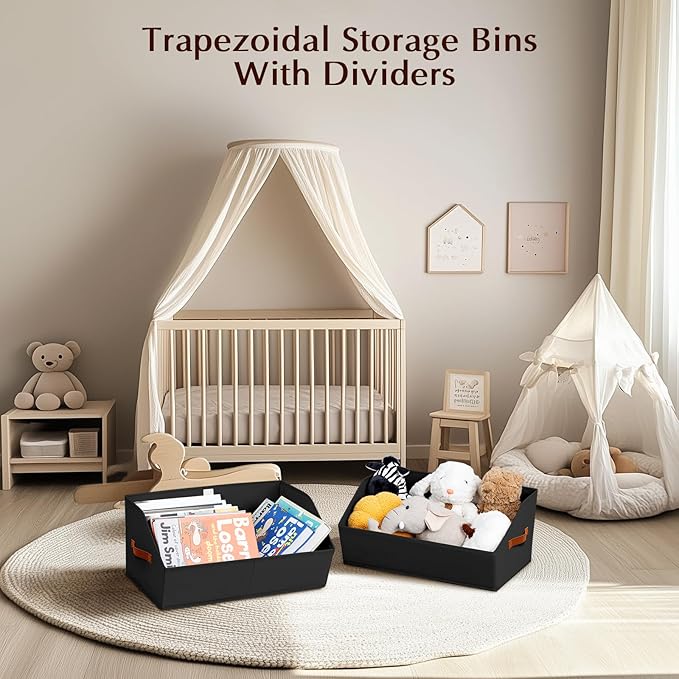 Closet Organizers and Storage Bins - 6 Pack Collapsible Divided Trapezoidal Cube Storage Bins Baskets with Orange Handle for Organizing Clothes Blankets, Toys, Books, Towels(Black)