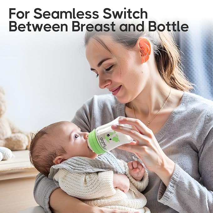 YOHKOH Glass Baby Bottles with Slow Flow Nipple, Newborn Anti-Colic Baby Bottles for 0+ Months, Wide Neck Feeding Bottle, Clear (Green, 5oz (Pack of 4))