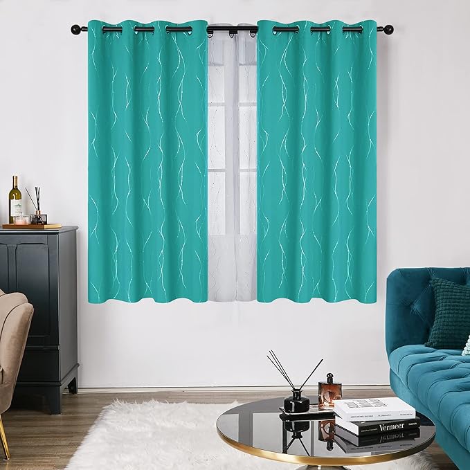 Deconovo Blackout Curtains, Thermal Insulated Soundproof Grommet Drapes, Wave Dots Silver Print, 52 x 45 Inch, Set of 2, Machine Washable Panels for Kitchen Bedroom Living Room Nursery, Turquoise