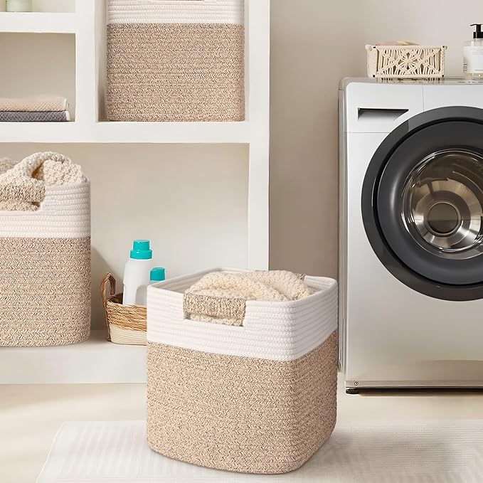 13 Inch Storage Cubes, 3 Pack Cube Storage Bins for Organizing, Cotton Rope Woven Baskets for Shelves, Bathroom, Kids Room, Closets, Baby Nursery