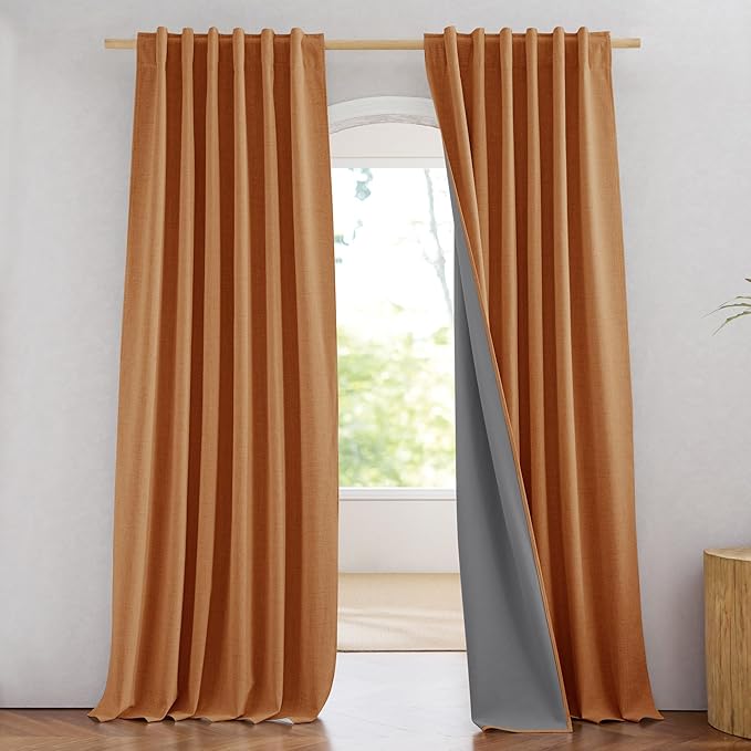 NICETOWN 100% Blackout Curtains for Living Room, W52 x L84 in, Thick Linen Blend Rod Pocket & Back Tab, Thermal Insulated Draperies with Grey Liner for Decoration(Set of 2, Pumpkin)