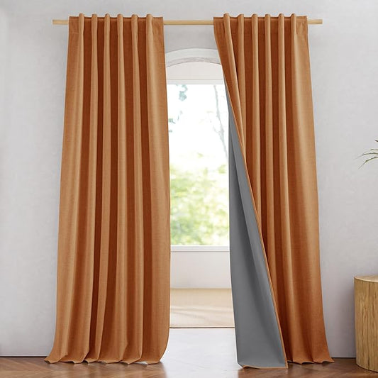 NICETOWN 100% Blackout Curtains for Living Room, W52 x L84 in, Thick Linen Blend Rod Pocket & Back Tab, Thermal Insulated Draperies with Grey Liner for Decoration(Set of 2, Pumpkin)