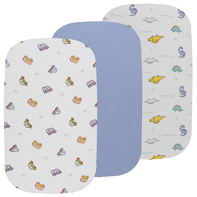 Onacosht Muslin Bassinet Sheets 3 Pack, 100% Cotton Baby Fitted Sheet 33" X 17" for Standard Rectangle Round Oval and Hourglass Bassinet Mattress, Dinosaur Car and Blue