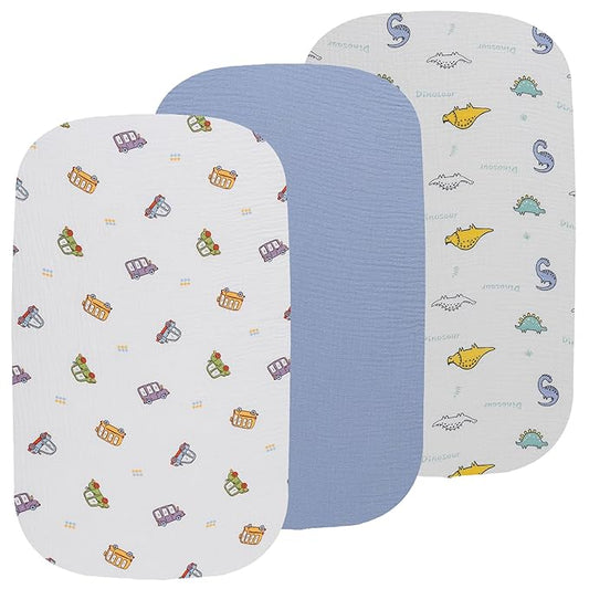 Onacosht Muslin Bassinet Sheets 3 Pack, 100% Cotton Baby Sheet 35" X 20" Compatiable with AMKE 3 in 1 Bassinets, MiClassic, Uiuwoo, Foalom, YADAQE, Milliard and TCBunny Bassinet, Dinosaur Car and Blue