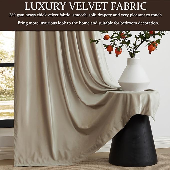 100% Full Blackout Champagne Beige Velvet Curtains 84 inch Long for Living Room,Set of 2 Liner Rod Pocket Back Tab Thermal Window Curtains Room Darkening Heavy Decorative Curtains Drapes for Bedroom