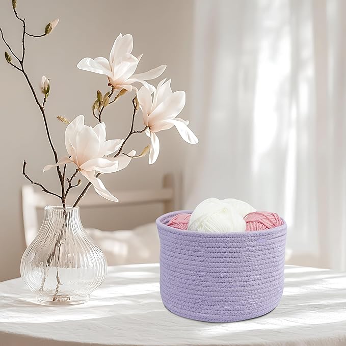 Small round Storage Basket - 3-Pack Round Cube Bins (10x10x7'') for Shelves, Closets & Bookcases | Durable Rope Organizers for Nursery, Baby, Toys, Easter & More (purple)