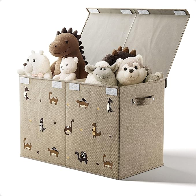 Collapsible Toy Storage Box with Handles, Removable Divider & Detachable Lid - Dinosaur Print Kids Toy Box for Boys & Girls - Storage for Toys Living Room, Bedroom & Playroom - Large Bin for Toys