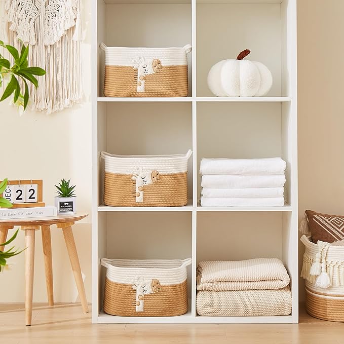 Storage Bins Woven Baskets for Storage Set of 3, Cotton Rope Basket with Handles for Toys/Shelves/Laundry, Rectangle Multi-Purpose Organizer for Living Room, Bedroom, Nursery (Giraffe)