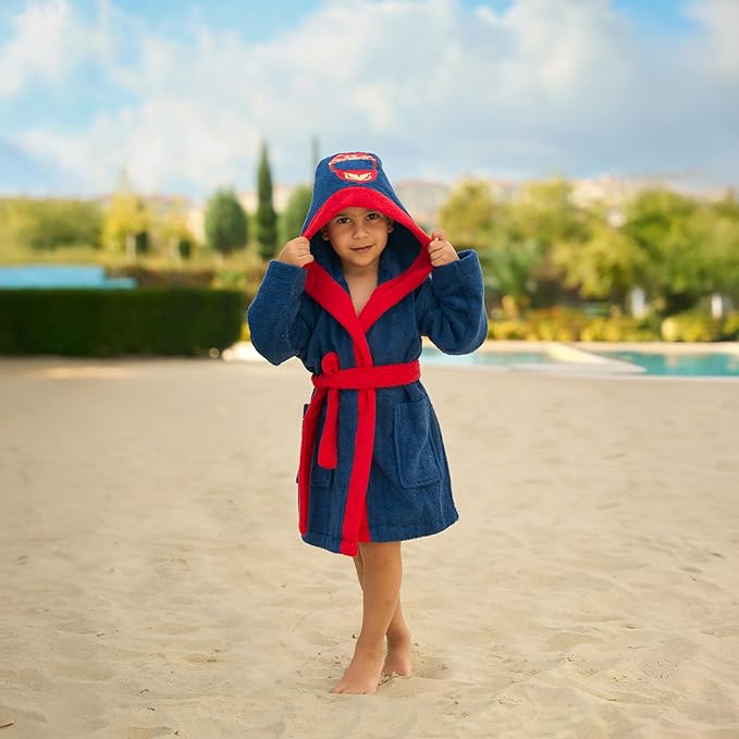 BAGNO MILANO Kids Organic Turkish Cotton Hooded Beach Cover-Up Towel, GOTS Certified, for Boys and Girls (Driver Navy, 7-8 Years)