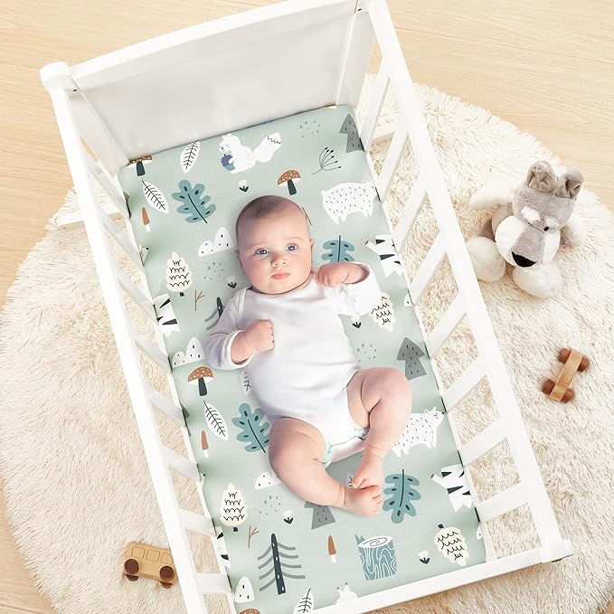 TILLYOU Baby Bassinet Sheets for Girls Boys 2 Pack Baby Sheets for Square Rectangle Oval Bassinet Mattress 33X16 Inch, Jungle Walk and White Stripes