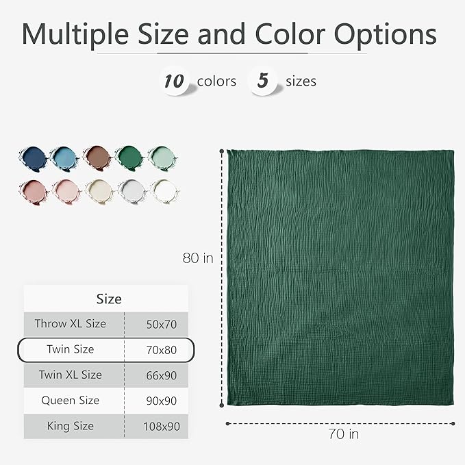 Carriediosa 100% Cotton Muslin Throw Blanket 70" X 80" Twin Size，4-Layers Summer Gauze Throws for Bed Couch，Soft Lightweight Breathable Linen Blankets Bedspread for Adults All Season，Dark Green