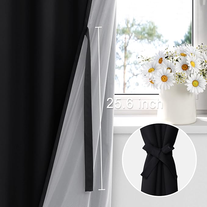 XWZO 100% Blackout Window Curtains - Thermal Insulated & Noise Reduction Black Liner Ring Top Window Treatment Sewn with Tiebacks for Bedroom/Living Room, Black, W38 x L63, Set of 2