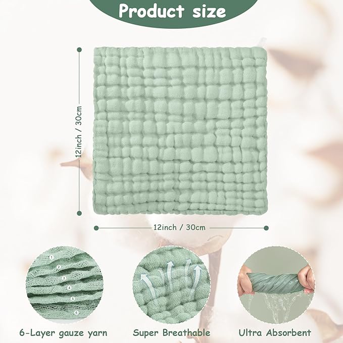 Looxii Muslin Baby Washcloths 6 Pack, 100% Cotton Baby Wash Cloths for Baby Face Body, 12x12 inches Large Soft Absorbent Face Towels for Newborns Gradient Green