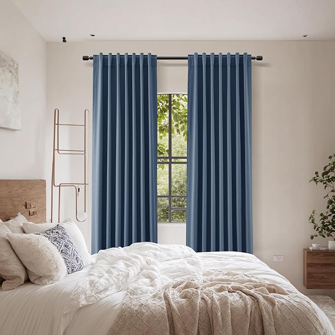 Guken 100% Blackout Curtains 72 Inch Length 2 Panels Set for Living Room Bedroom Back Tab Thermal Insulated Black Out Linen Drapes Room Darkening Window Curtains 72 Inches Long,Denim Blue