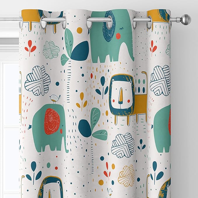 Kids Blackout Curtains,Blackout Curtains for Bedroom Cartoon Cute Elephants Lions Birds and Tropical Plants Thermal Insulated Drapery Drapes for Living Room 55x63inch(140x160cm)