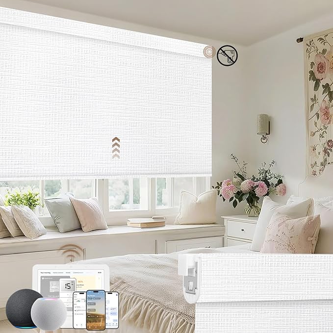 Kincmo No Drill Motorized Blinds with Remote, 100% Blackout Roller Shades for Windows, Custom Electric Blinds Compatible with Alexa, Apple Homekit, Google Home (100% Blackout Weave White)