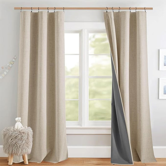 NICETOWN Cream Full Blackout Back Tab Linen Curtains 84" Long 2 Panels Set, Boho-Chic Thick Linen Blend Drapes, Insulated Window Cover Draperies with White Backing for Cottage Living Room (42" Wide)