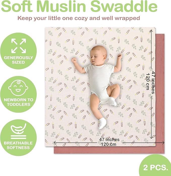 100% Organic Cotton Muslin Baby Blanket - 47x47 Inch Breathable Swaddle, Hypoallergenic Double-Layer, Versatile Use (Pink Floral, 47x47 Inch)