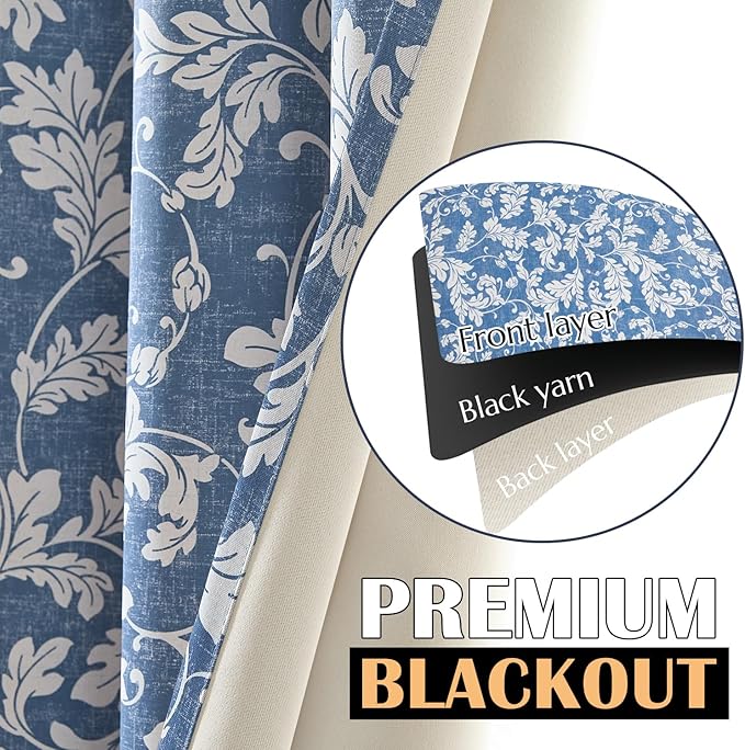 jinchan 80% Blackout Curtains for Bedroom, Blue Scroll Leaf Patterned Curtains 84 inch Length for Living Room, Farmhouse Vintage Drapes, Thermal Insulated Window Treatments, Grommet 2 Panels Blue