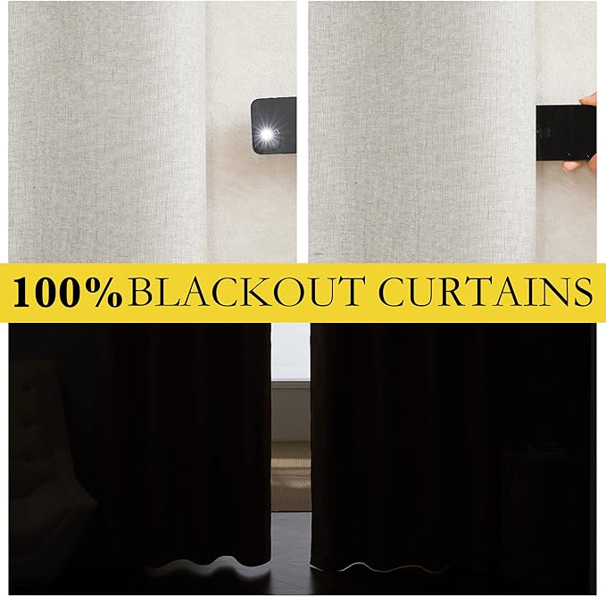 NICETOWN 100% Blackout Linen Curtains with Thermal Insulated White Liner, Ivory, 52" W x 63" L, Set of 2, Burlap Textured Linen Look Privacy Window Treatment for Kitchen, Farmhouse Style