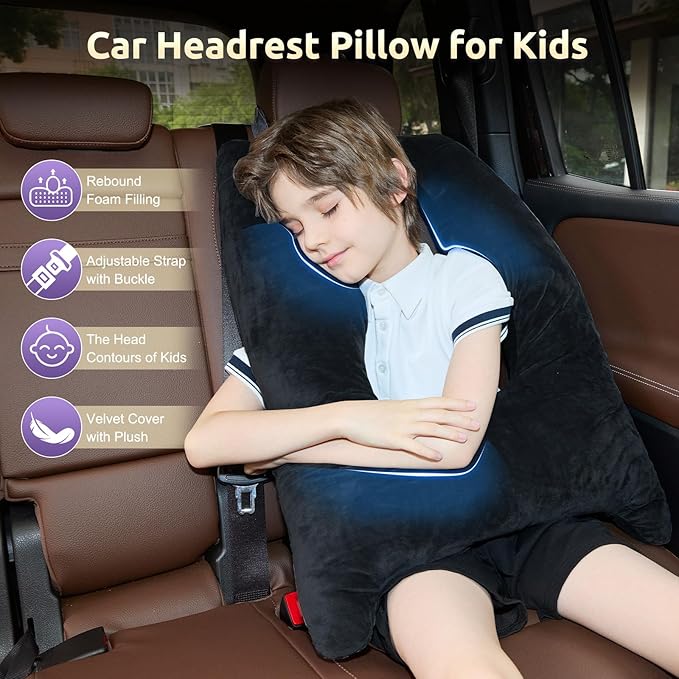 Car Pillow for Kids Travel Pillow with Adjustable Strap, Kids Floor Pillows Cushions for Adults and Children to Support Head and Body Road Trip Essentials (Dark Grey)