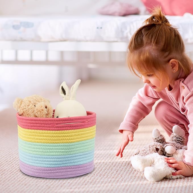 Woven Cotton Rope Storage Baskets - 3-Pack Round Bins for (10x10x7'') Shelves, Closets & Bookcases | Durable Rope Organizers for Nursery, Baby, Gifts, Easter & More (rainbow)
