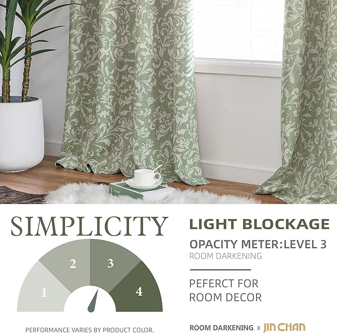 jinchan 80% Blackout Curtains for Living Room, Farmhouse Drapes with Scroll Floral Patterned for Bedroom, Grommet Top Thermal Insulated Curtains, Vintage Country Drapes 90 inch Length 2 Panels Green