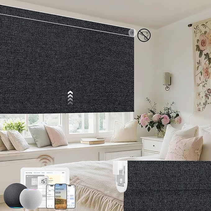 Kincmo No Drill Motorized Blinds with Remote, 100% Blackout Roller Shades for Windows, Custom Electric Blinds Compatible with Alexa, Apple Homekit, Google Home (100% Blackout Eclipse Onyx Black)