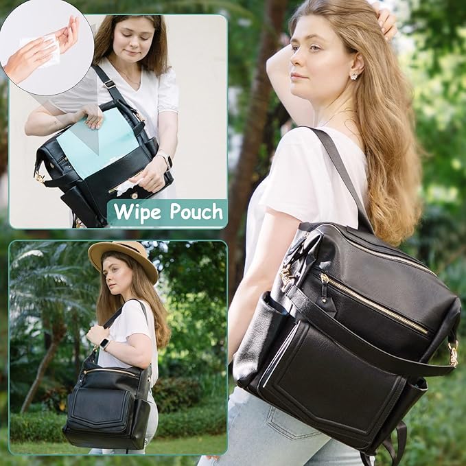 MOMINSIDE Diaper Bag Backpack, Convertible Hobo, Large Baby Bag with 14 Pockets, 6 Bottle Pouches, Wipes Pouch, Insulated Pockets (Black)