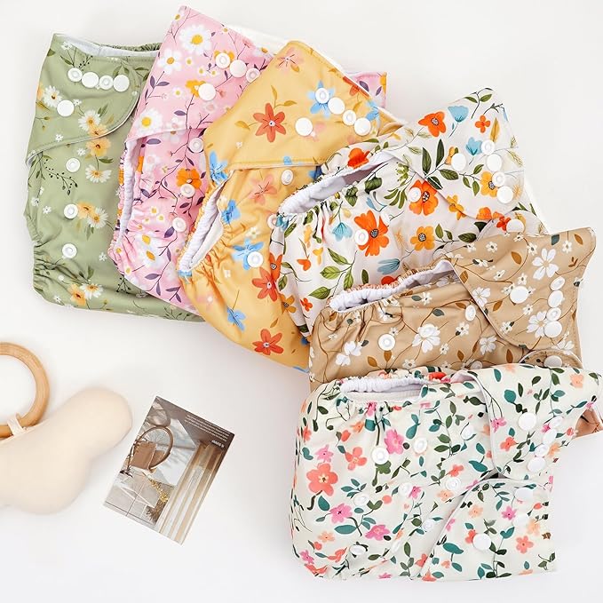 CoolaPeach 12 Set Reusable Adjustable Cloth Diapers for Newborn to 0-3 Years,One Size Washable Pocket Nappy Covers for Baby Girl and Boy,6 Pack Cloth Diapers+6pcs Microfiber Inserts (NCP05)